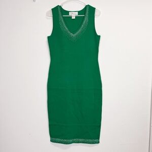 EY Boutique Knit Dress Womens 8 Green Sleeveless V-Neck Rhinestone Embellished